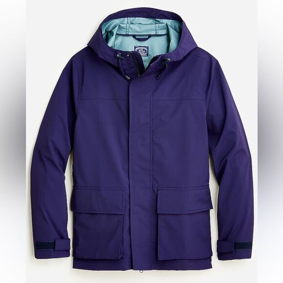 J.CREW Brunswick Rain Jacket Blue Size medium Hooded Zip Up Buttons packable EUC